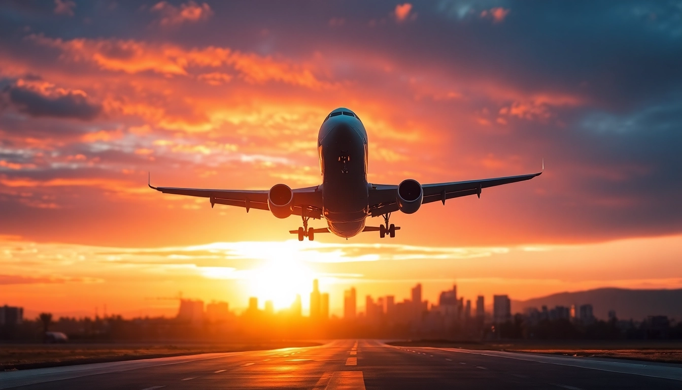 Capture flights in motion as an airplane takes off into a colorful sunset sky.