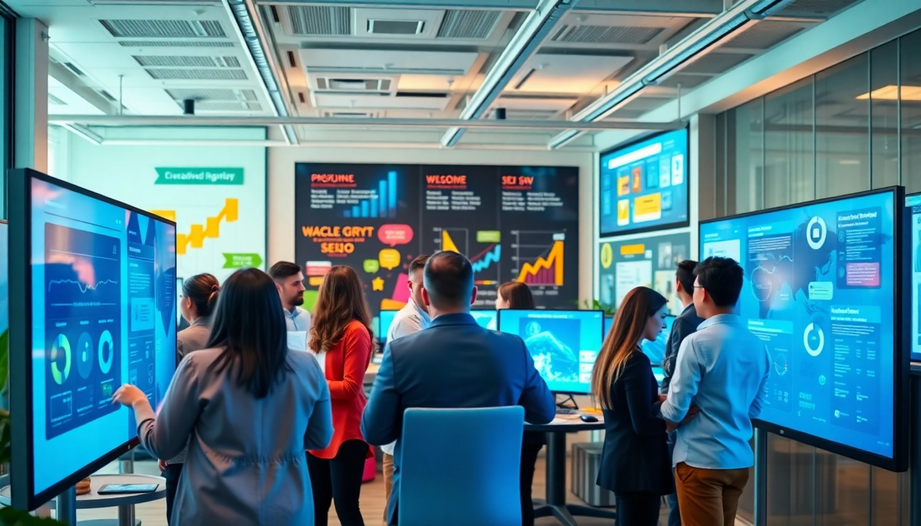 Team brainstorming in a vibrant office on website design and seo companies strategies.