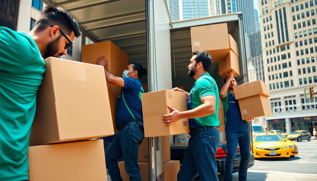 Efficient team of cheap movers nyc loading a truck in a busy NYC street.