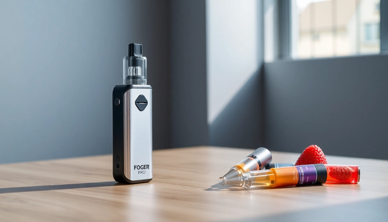 Showcase the Foger Switch Pro Kit with vibrant flavors and modern design on a sleek table.