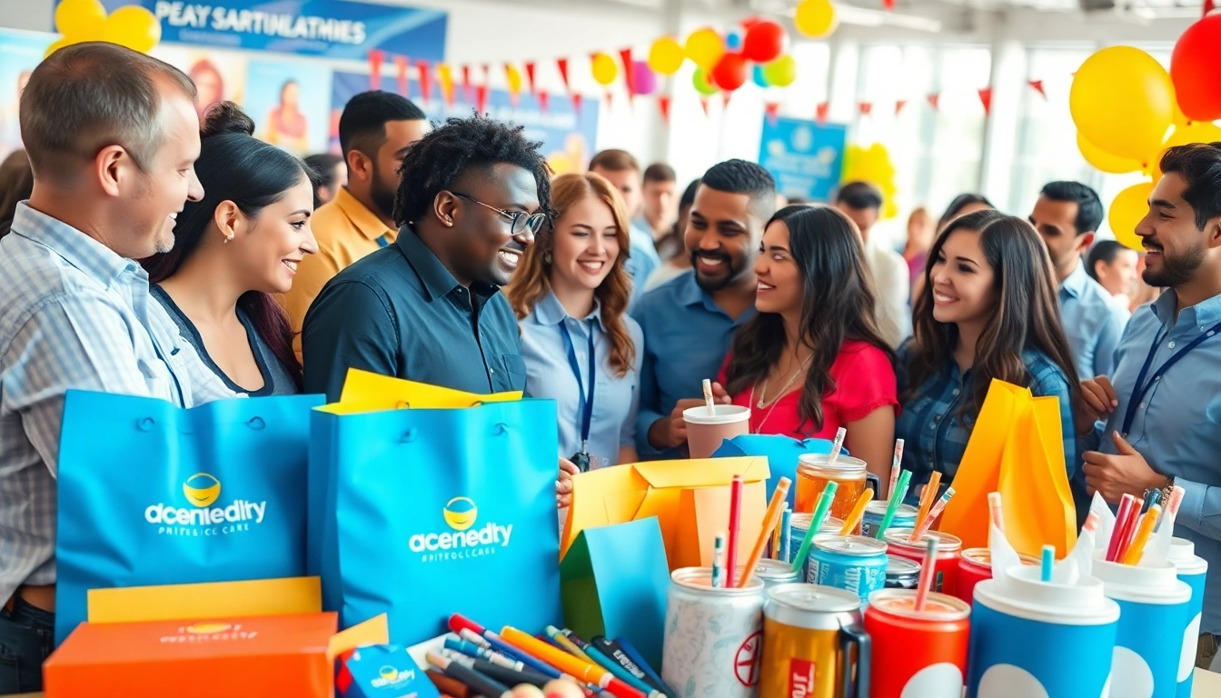 Engaging giveaways & promotions at an exciting promotional event with diverse participants.