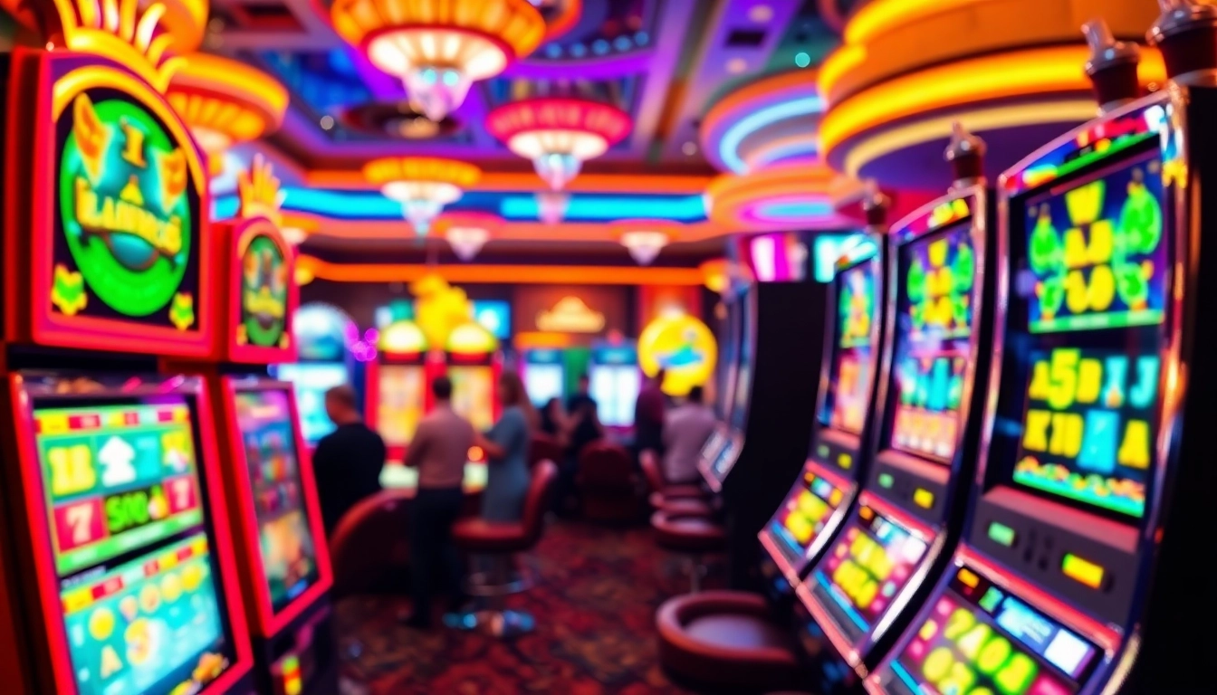Jouez à la machine à sous demo gratuite dans un casino vibrant et excitant avec des lumières éclatantes.