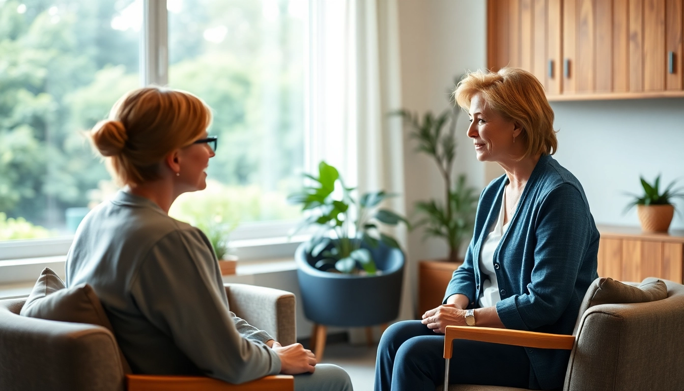 Psychologist engaging with a client in a calm, serene therapy room setting