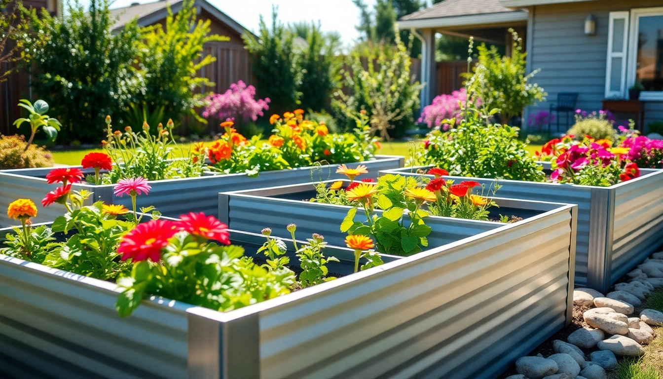 Planting in landguard raised beds surrounded by vibrant flowers and vegetables.
