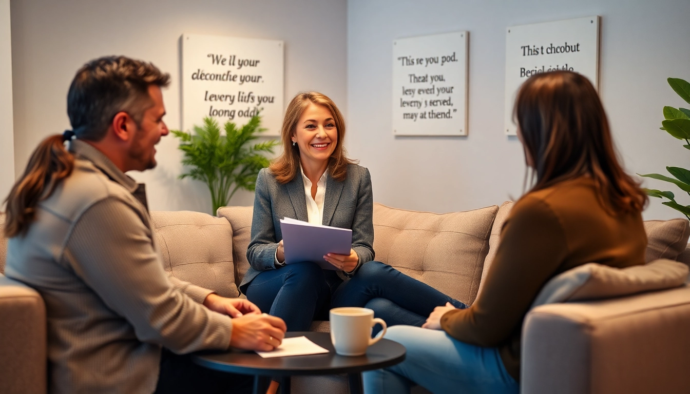 Engaging relationship coach interacting with a couple in a cozy office setting.